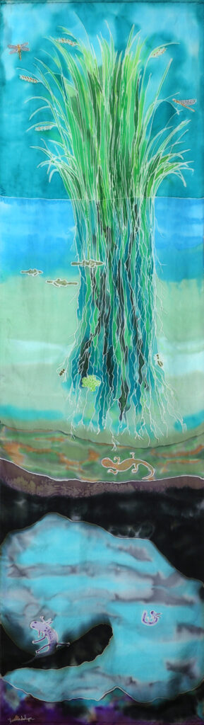 a silk painting showing wild rice underwater